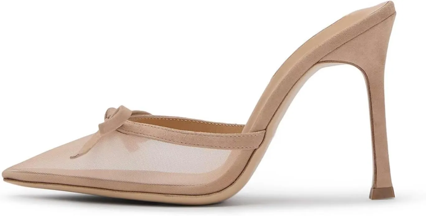 Agodor Mesh Heeled Mules for Women Slingback Stilettos High Heels Pumps Pointed Close Toe Slip On Bow Tie Dress Slide Sandals