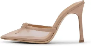 Agodor Mesh Heeled Mules for Women Slingback Stilettos High Heels Pumps Pointed Close Toe Slip On Bow Tie Dress Slide Sandals