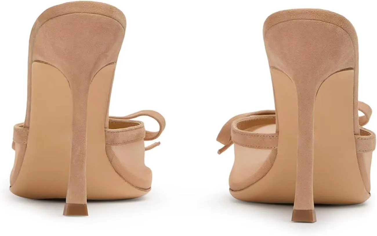 Agodor Mesh Heeled Mules for Women Slingback Stilettos High Heels Pumps Pointed Close Toe Slip On Bow Tie Dress Slide Sandals