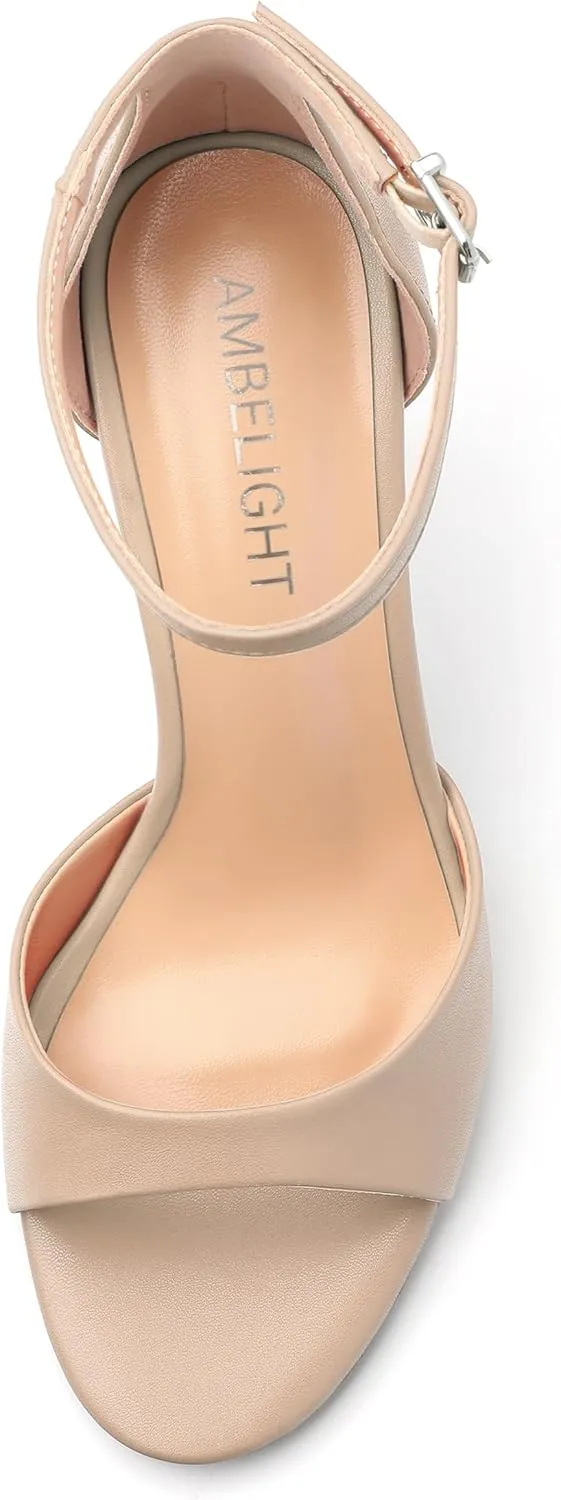 AMBELIGHT Women`s Stiletto High Round Open Toe Pumps Ankle Strap Buckle Peep Kitten Heels Sexy Dressy Sandals Wedding Evening Party Summer Shoes For Women 3.5 Inch