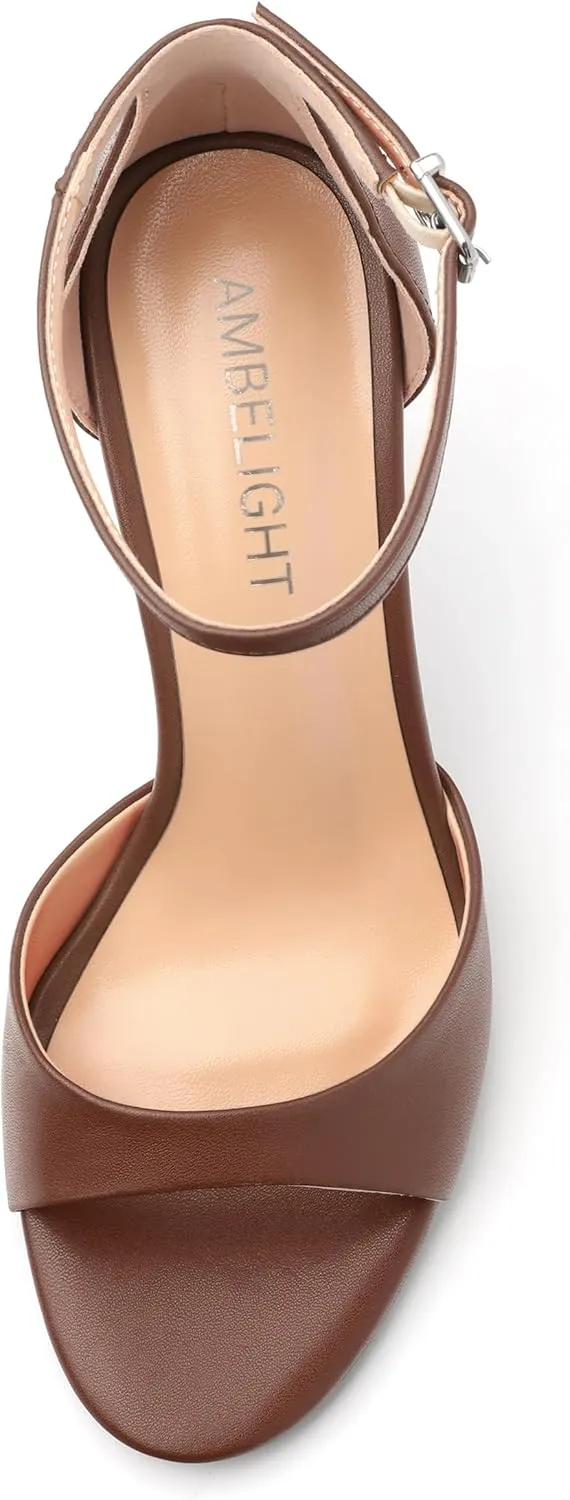 AMBELIGHT Women`s Stiletto High Round Open Toe Pumps Ankle Strap Buckle Peep Kitten Heels Sexy Dressy Sandals Wedding Evening Party Summer Shoes For Women 3.5 Inch