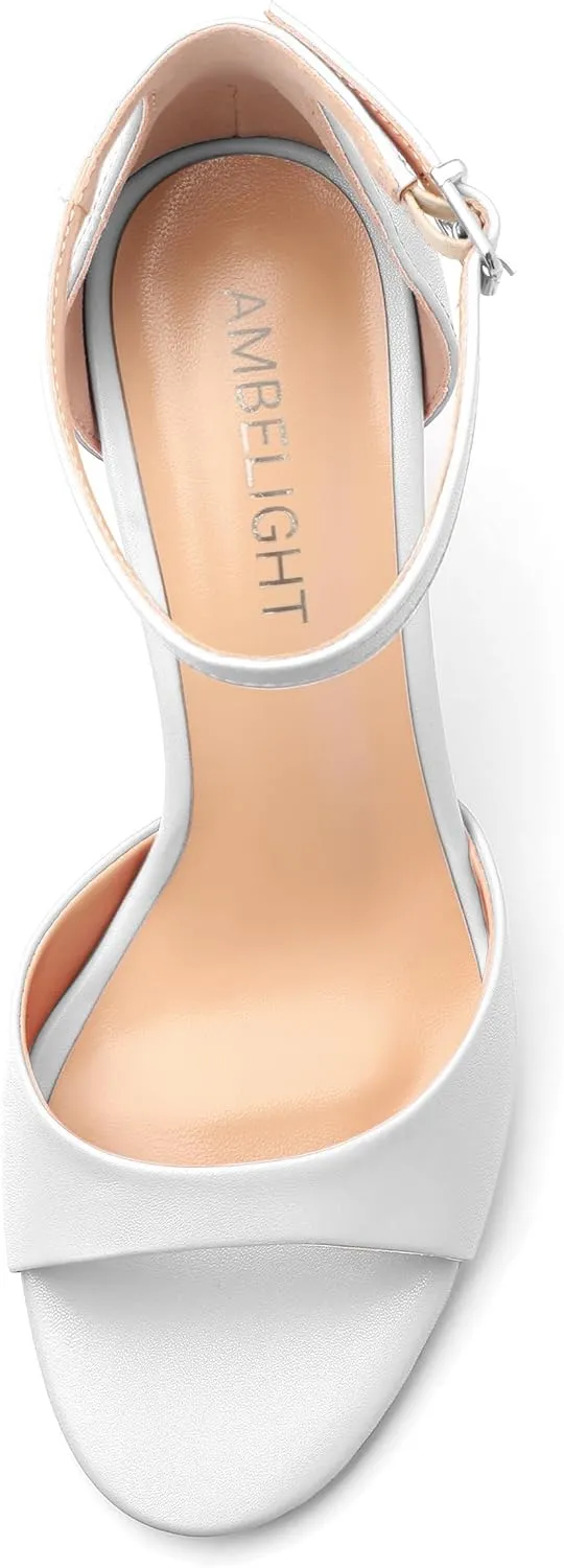 AMBELIGHT Women`s Stiletto High Round Open Toe Pumps Ankle Strap Buckle Peep Kitten Heels Sexy Dressy Sandals Wedding Evening Party Summer Shoes For Women 3.5 Inch