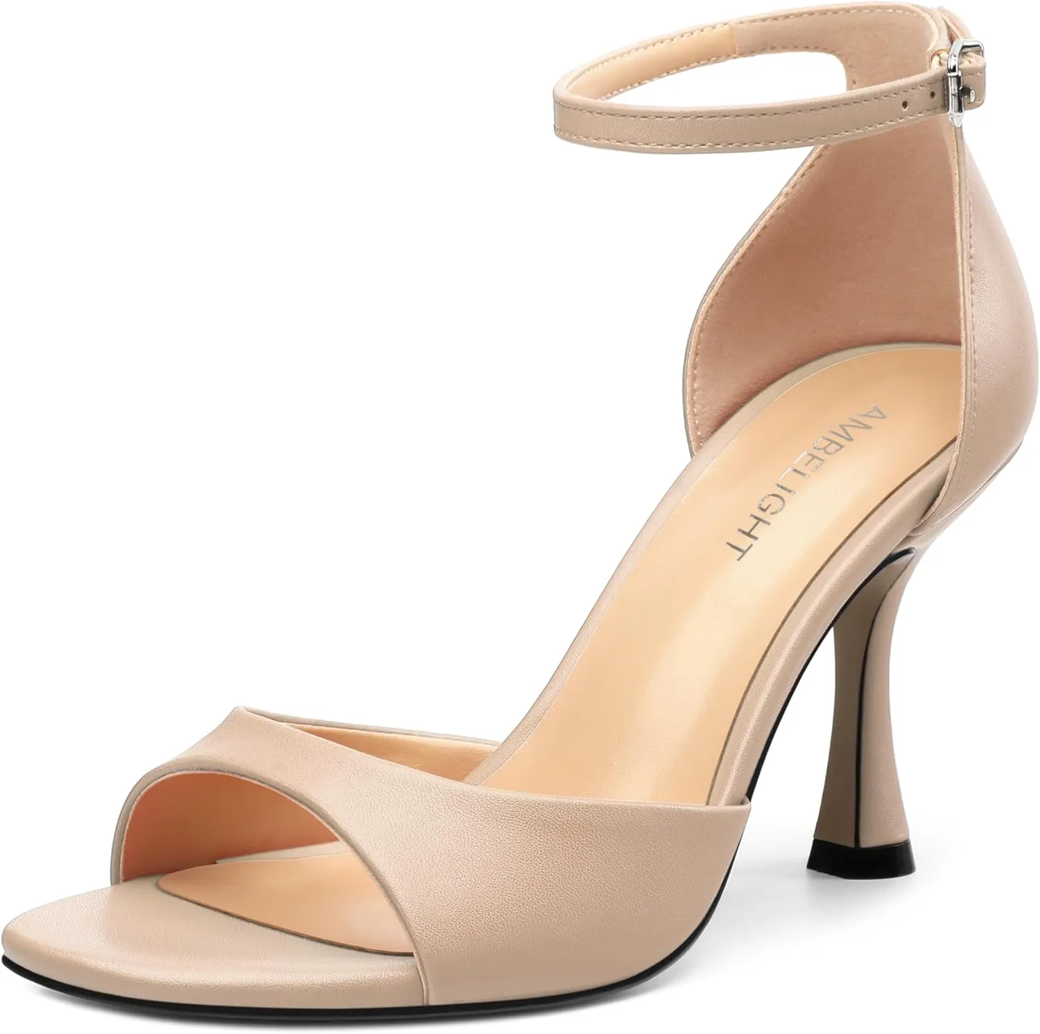 AMBELIGHT Women`s Stiletto High Round Open Toe Pumps Ankle Strap Buckle Peep Kitten Heels Sexy Dressy Sandals Wedding Evening Party Summer Shoes For Women 3.5 Inch