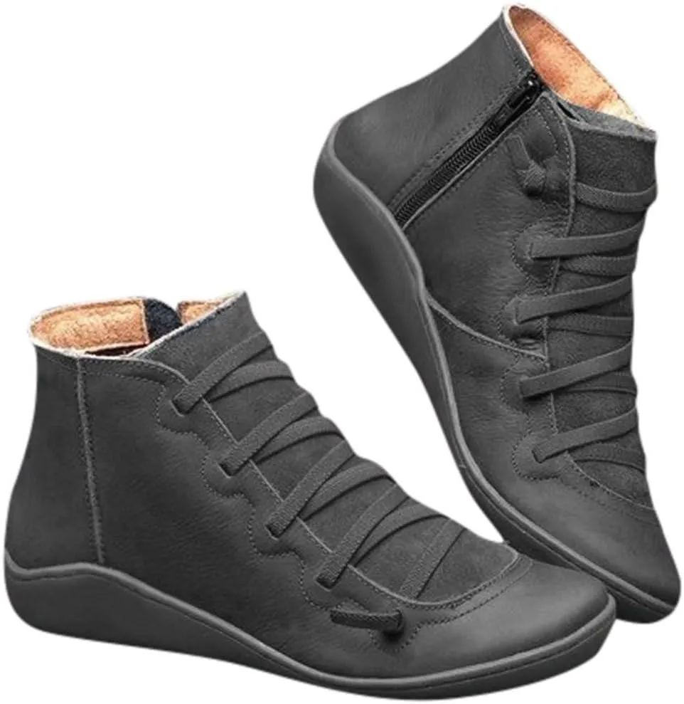 Ankle Booties for Women Flat Heel,Women’s Ankle Boots Fashion Lace Up Side Zip Vintage Booties Low Heel Arch Support