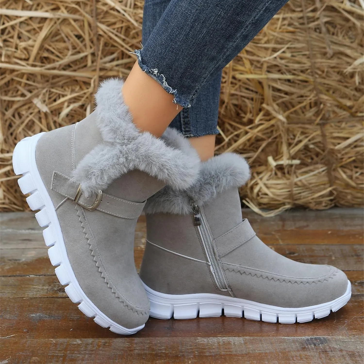 Ankle Boots For Women Comfy Winter Snow Boots Slip on Fur Lined Cold Weather Warm Comfortable Outdoor Loafers Shoes