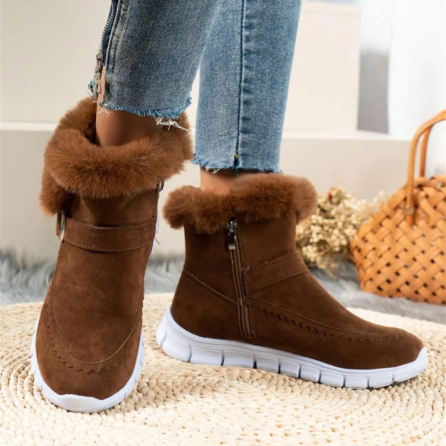 Ankle Boots For Women Comfy Winter Snow Boots Slip on Fur Lined Cold Weather Warm Comfortable Outdoor Loafers Shoes