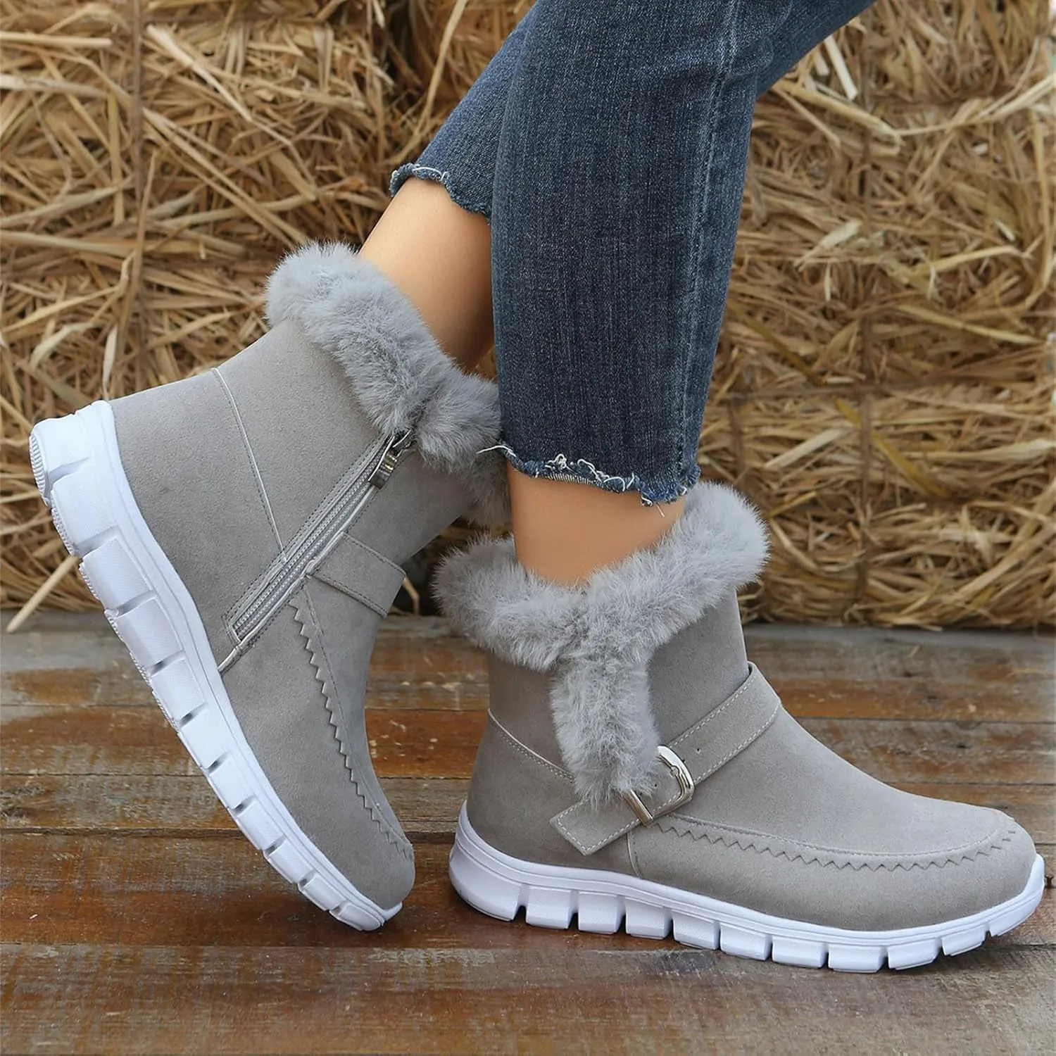 Ankle Boots For Women Comfy Winter Snow Boots Slip on Fur Lined Cold Weather Warm Comfortable Outdoor Loafers Shoes