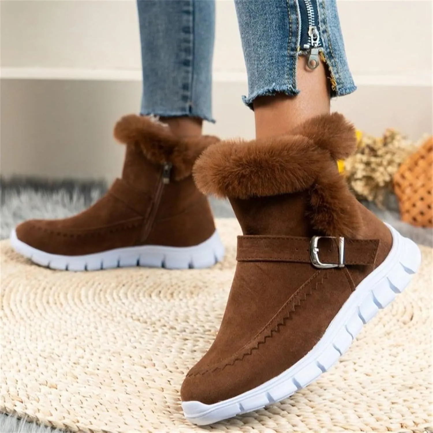 Ankle Boots For Women Comfy Winter Snow Boots Slip on Fur Lined Cold Weather Warm Comfortable Outdoor Loafers Shoes