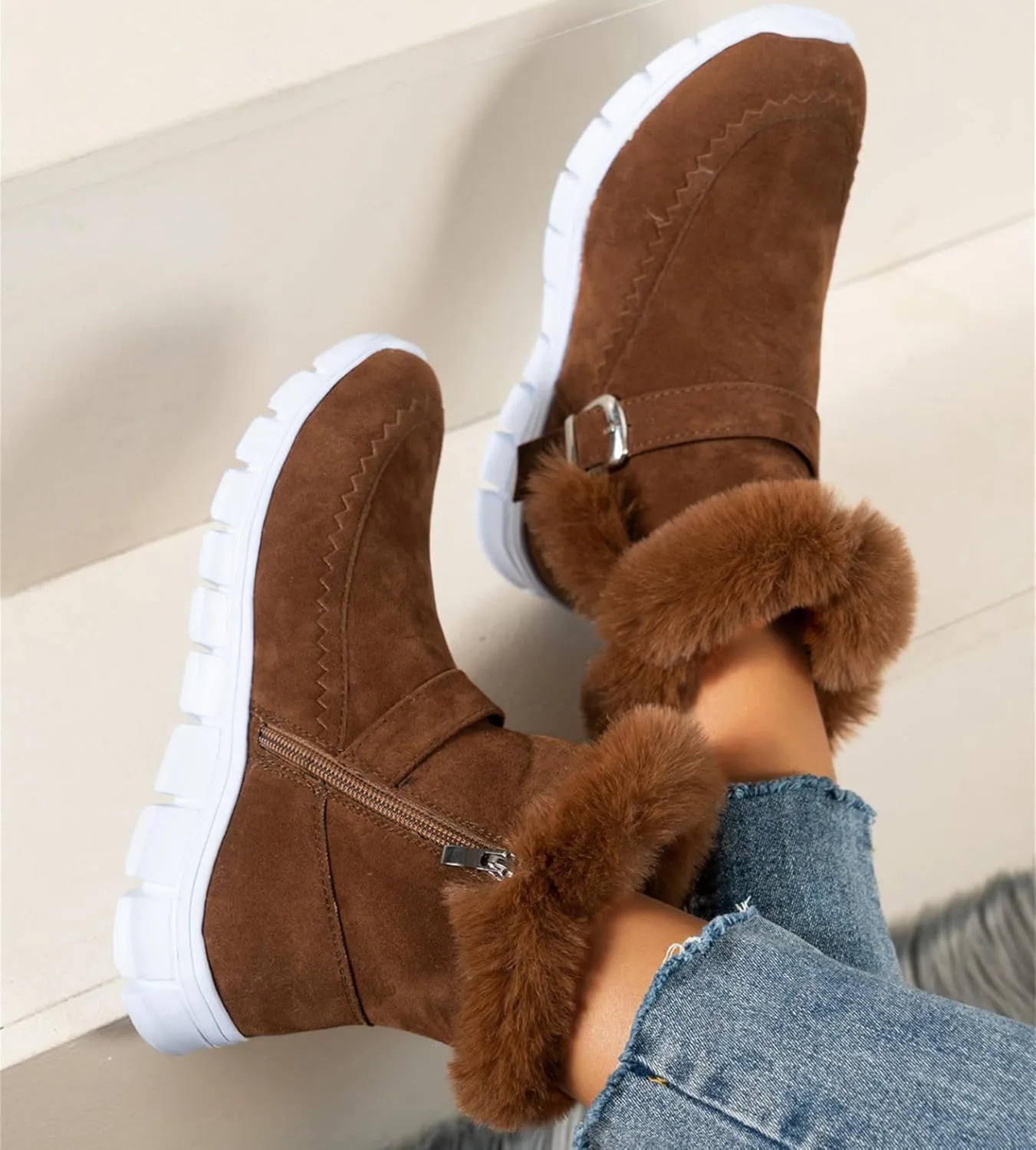 Ankle Boots For Women Comfy Winter Snow Boots Slip on Fur Lined Cold Weather Warm Comfortable Outdoor Loafers Shoes