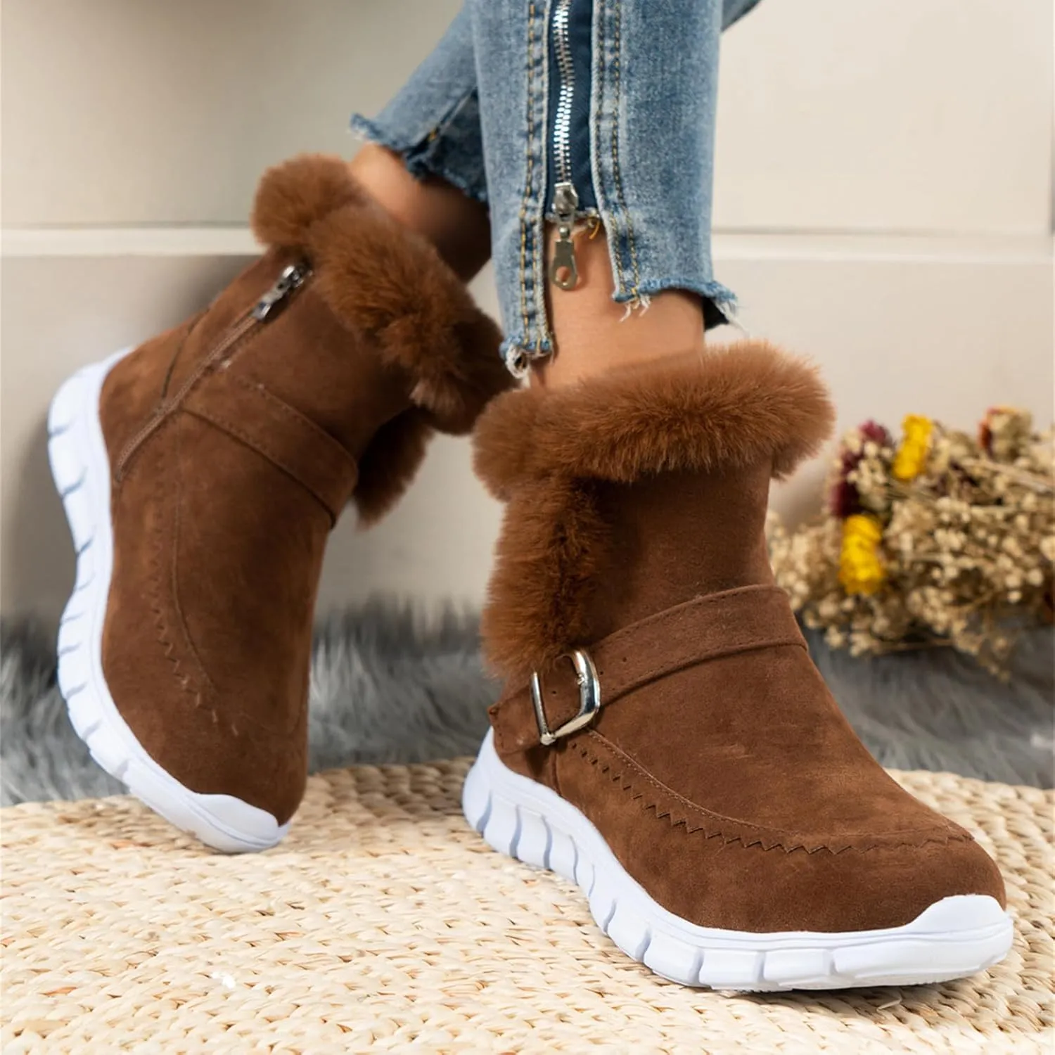 Ankle Boots For Women Comfy Winter Snow Boots Slip on Fur Lined Cold Weather Warm Comfortable Outdoor Loafers Shoes
