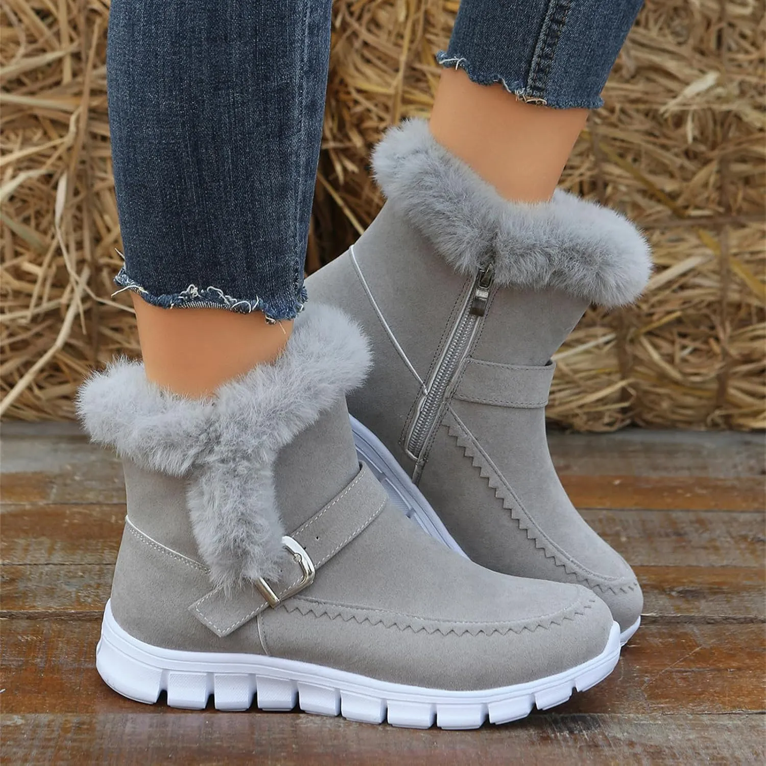 Ankle Boots For Women Comfy Winter Snow Boots Slip on Fur Lined Cold Weather Warm Comfortable Outdoor Loafers Shoes