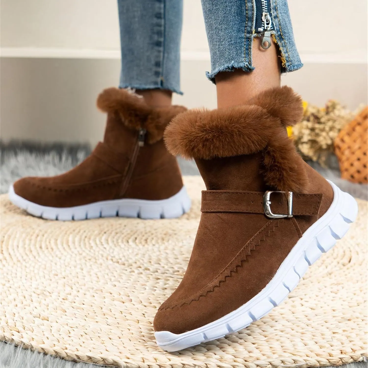 Ankle Boots For Women Comfy Winter Snow Boots Slip on Fur Lined Cold Weather Warm Comfortable Outdoor Loafers Shoes