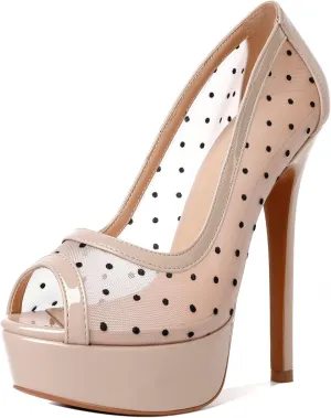 AUMOTED Women's Peep Toe High Heel Platform Stiletto Pumps Slip On Patent Mesh Polka Dot Heels 5.5" Party Wedding Dress Shoes