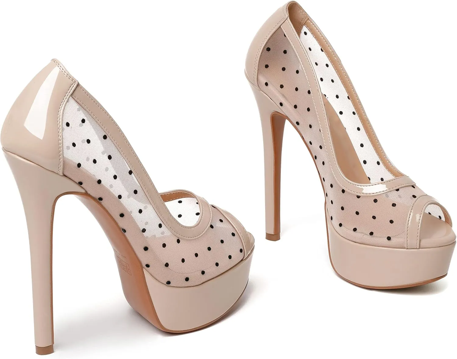 AUMOTED Women's Peep Toe High Heel Platform Stiletto Pumps Slip On Patent Mesh Polka Dot Heels 5.5" Party Wedding Dress Shoes