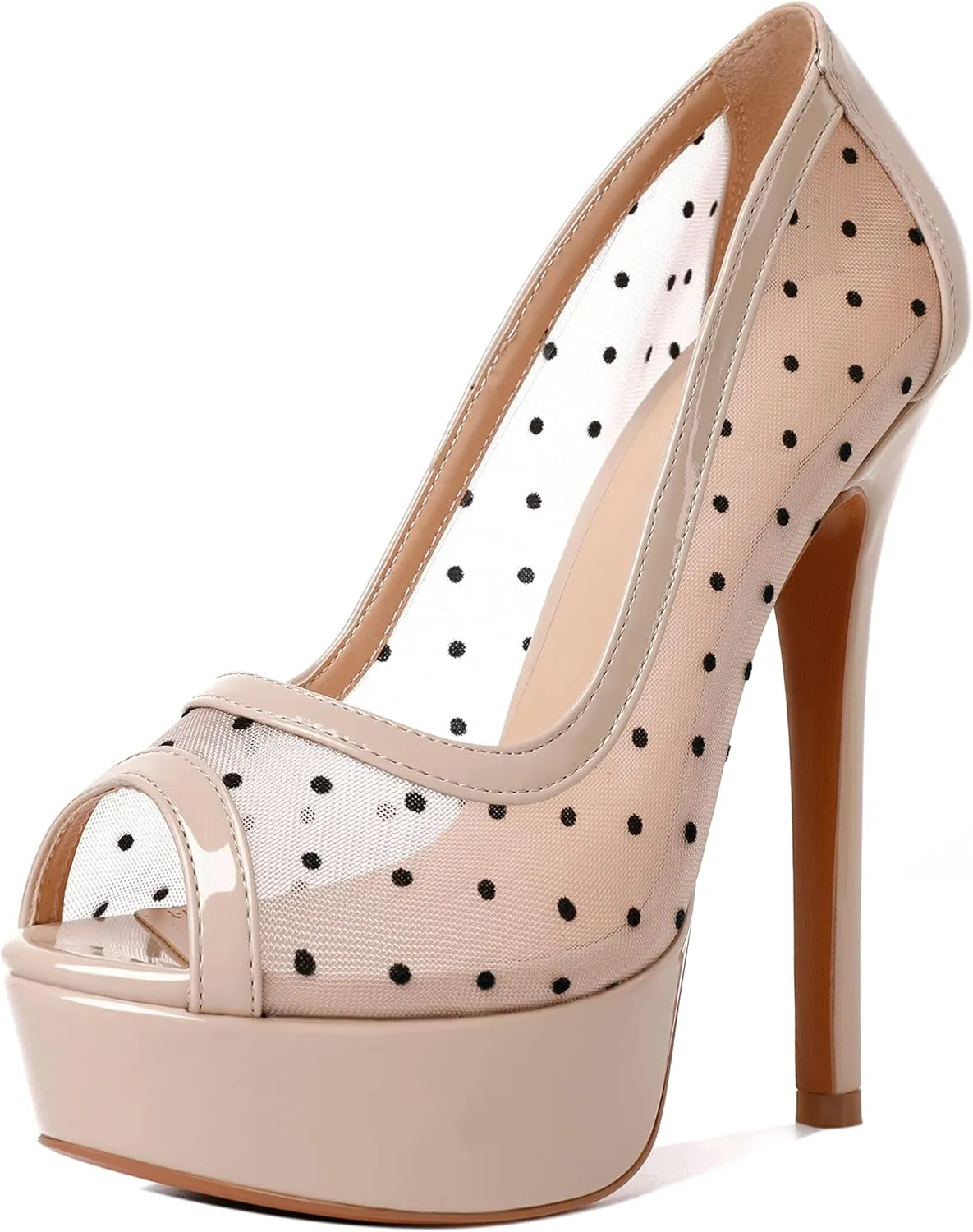 AUMOTED Women's Peep Toe High Heel Platform Stiletto Pumps Slip On Patent Mesh Polka Dot Heels 5.5" Party Wedding Dress Shoes