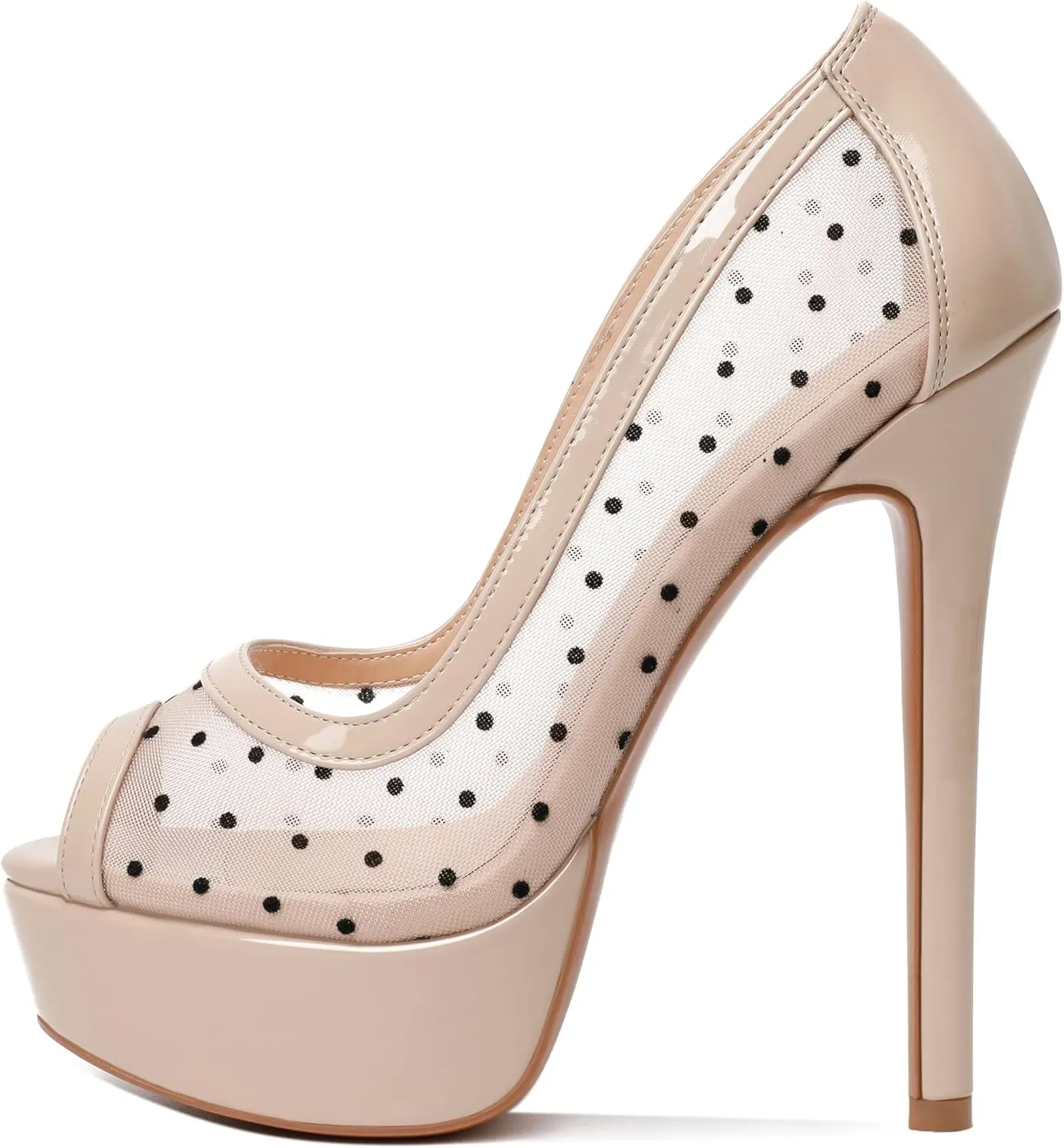 AUMOTED Women's Peep Toe High Heel Platform Stiletto Pumps Slip On Patent Mesh Polka Dot Heels 5.5" Party Wedding Dress Shoes