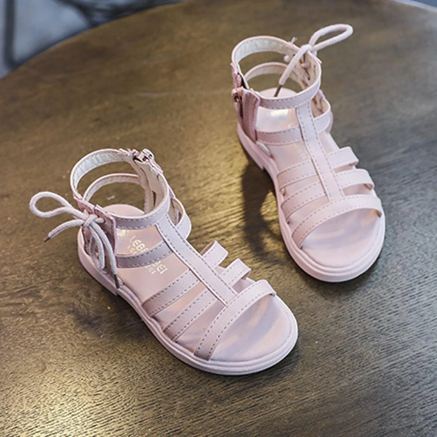 Baby Girls Leather T-Strap Gl𝐚diator Sandals Soft Breathable P𝐞ep Toe Ankle Strap Shoes Toddler Kids Side Zip Sandals