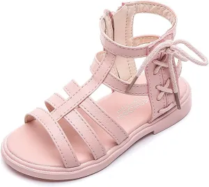Baby Girls Leather T-Strap Gl𝐚diator Sandals Soft Breathable P𝐞ep Toe Ankle Strap Shoes Toddler Kids Side Zip Sandals