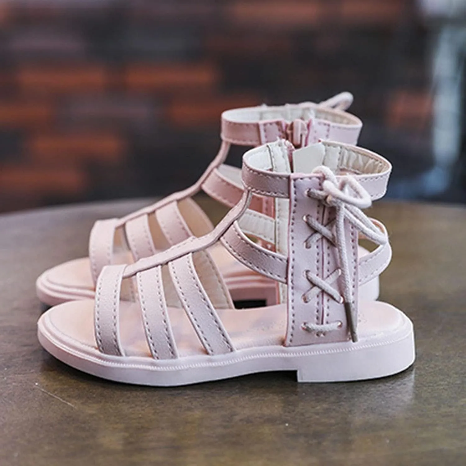 Baby Girls Leather T-Strap Gl𝐚diator Sandals Soft Breathable P𝐞ep Toe Ankle Strap Shoes Toddler Kids Side Zip Sandals