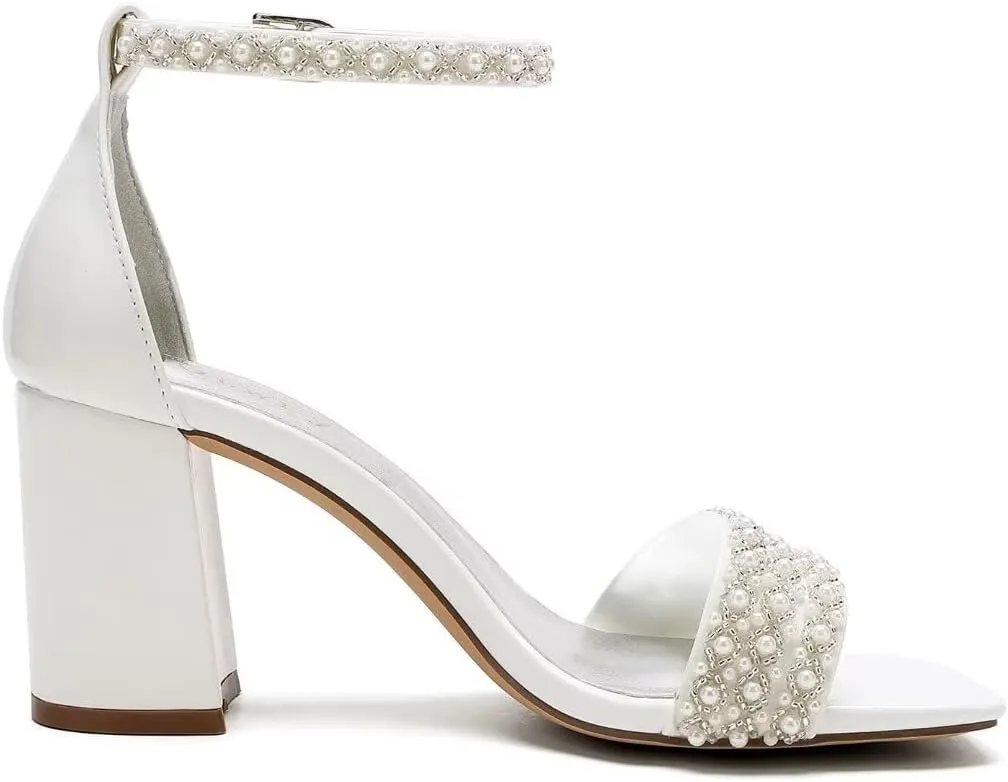 Block Heel Wedding Sandals Pearl Wedding Shoes Square Open Toe Wedding Chunky Heels Bridal Shoes