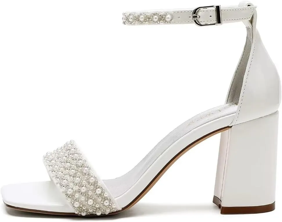 Block Heel Wedding Sandals Pearl Wedding Shoes Square Open Toe Wedding Chunky Heels Bridal Shoes