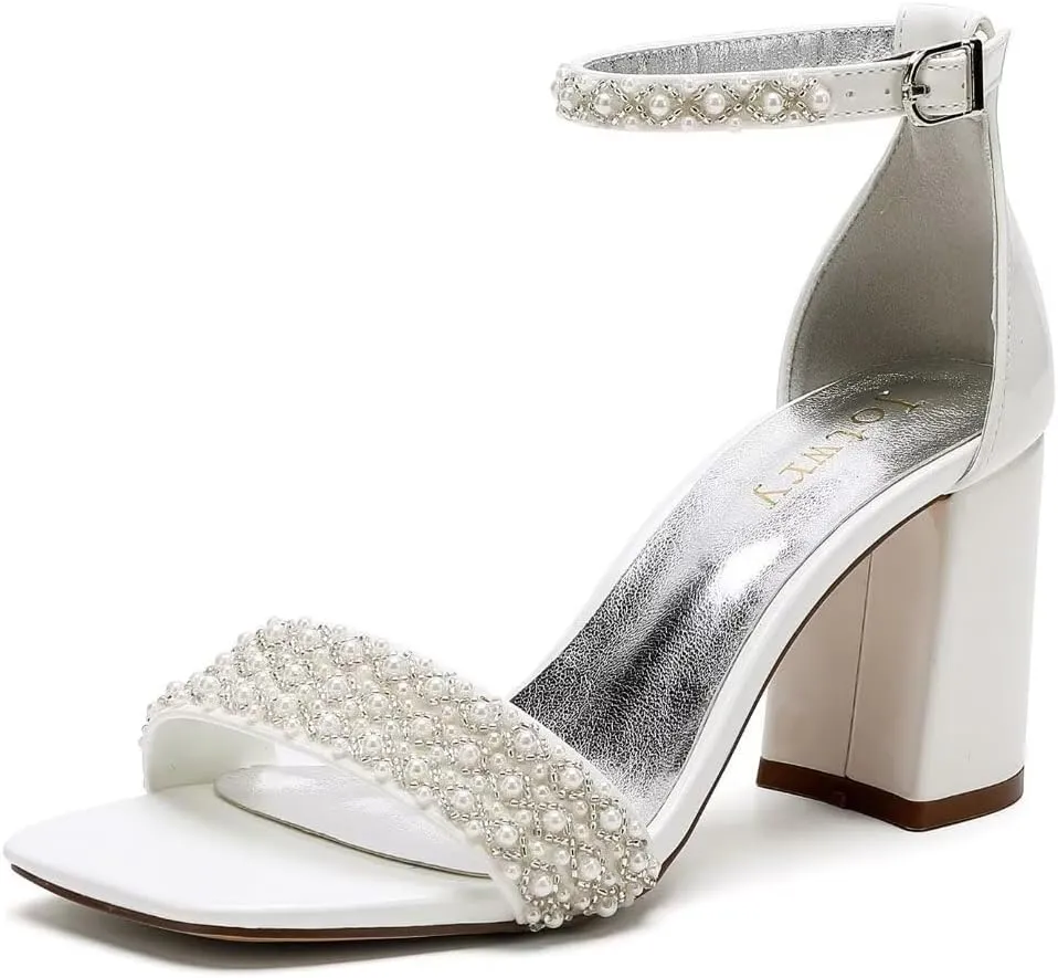 Block Heel Wedding Sandals Pearl Wedding Shoes Square Open Toe Wedding Chunky Heels Bridal Shoes