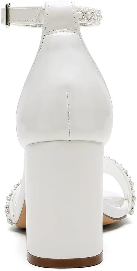 Block Heel Wedding Sandals Pearl Wedding Shoes Square Open Toe Wedding Chunky Heels Bridal Shoes