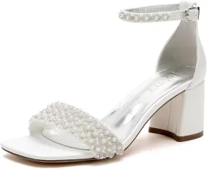 Block Heel Wedding Shoes for Bride Square Open Toe Wedding Sandals Pearl Bridal Shoes Wedding Heels Chunky