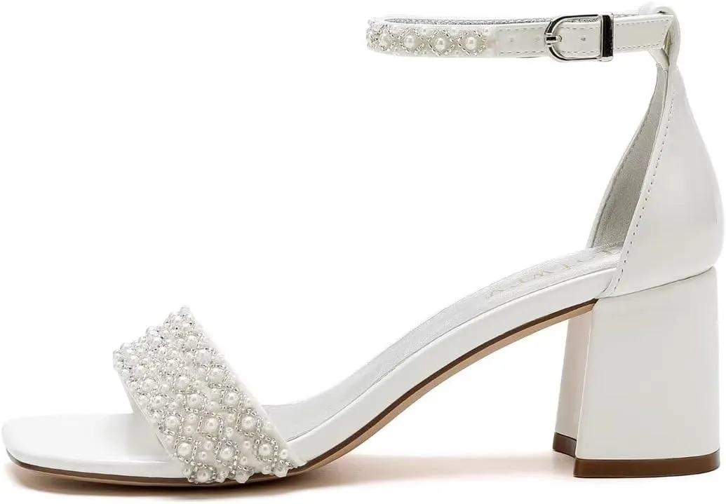 Block Heel Wedding Shoes for Bride Square Open Toe Wedding Sandals Pearl Bridal Shoes Wedding Heels Chunky