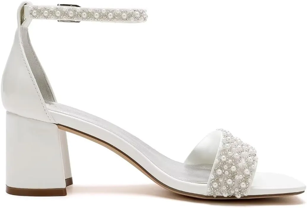 Block Heel Wedding Shoes for Bride Square Open Toe Wedding Sandals Pearl Bridal Shoes Wedding Heels Chunky