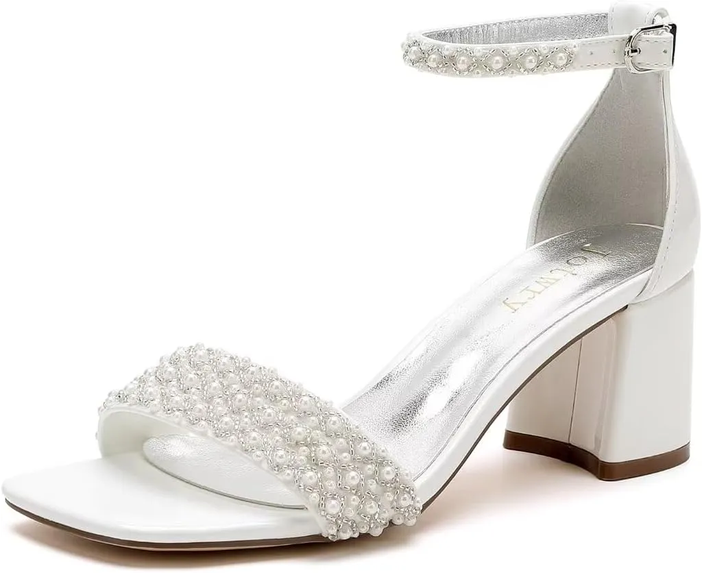 Block Heel Wedding Shoes for Bride Square Open Toe Wedding Sandals Pearl Bridal Shoes Wedding Heels Chunky