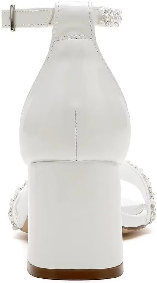 Block Heel Wedding Shoes for Bride Square Open Toe Wedding Sandals Pearl Bridal Shoes Wedding Heels Chunky