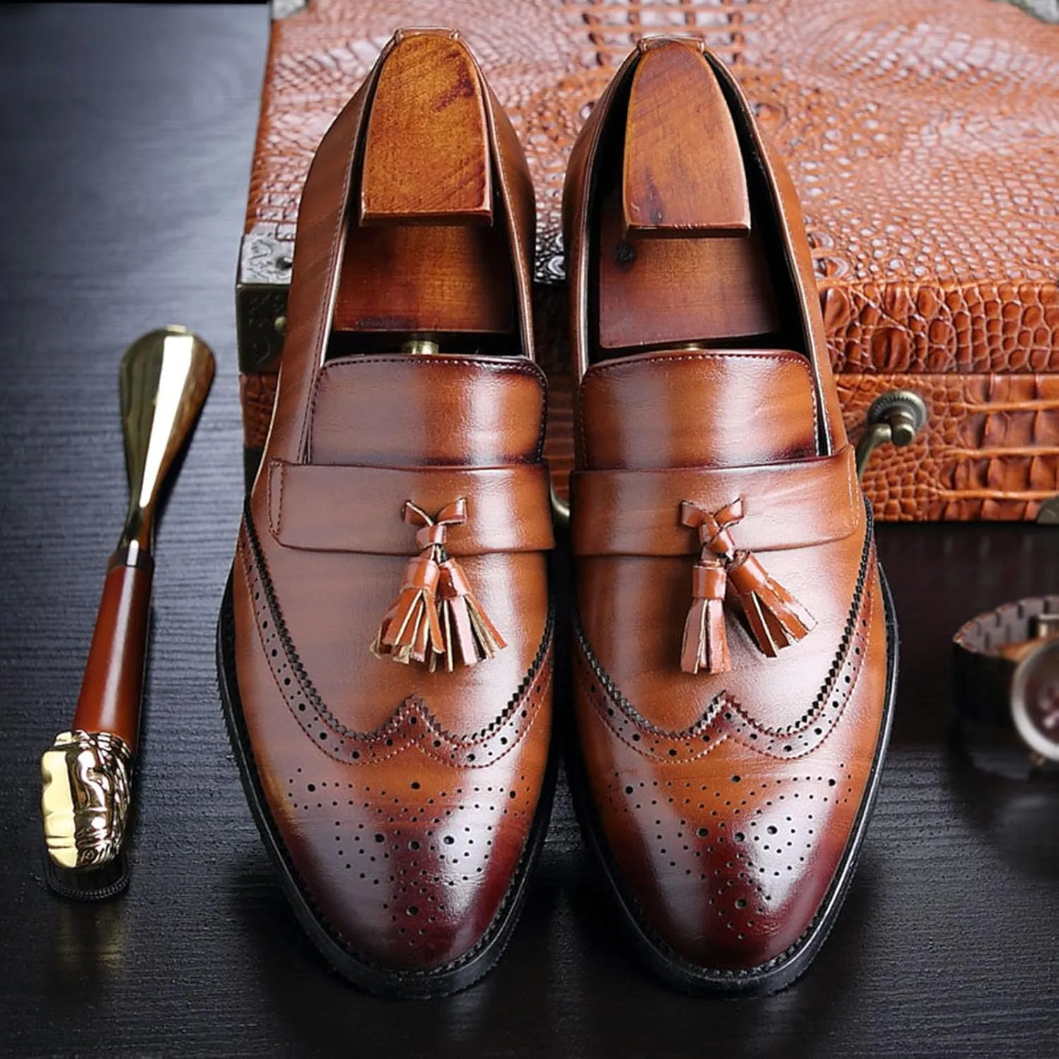 ByErz Men Loafers Classic Leather Business Foraml Dress Office Casual Slip on Brogue Shoes with Tassel