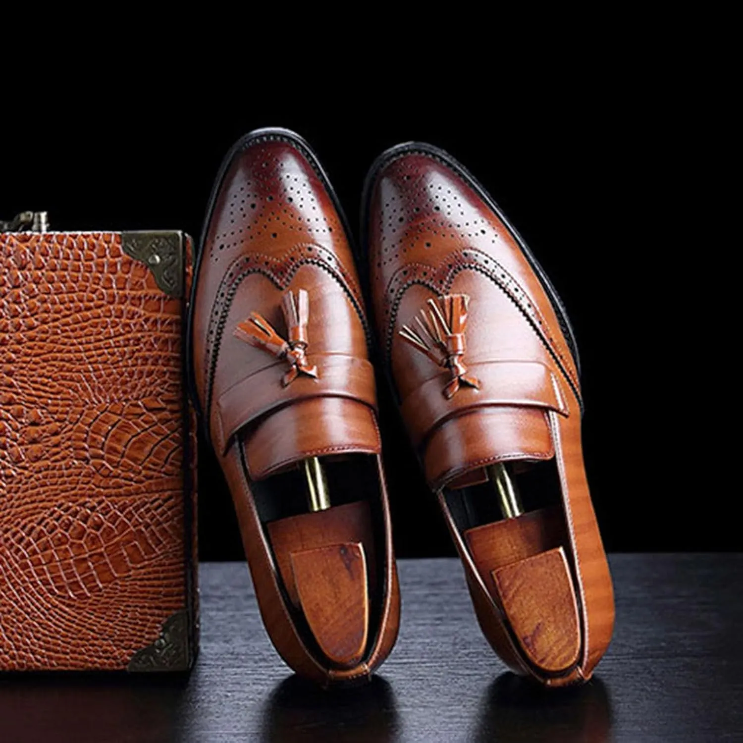 ByErz Men Loafers Classic Leather Business Foraml Dress Office Casual Slip on Brogue Shoes with Tassel