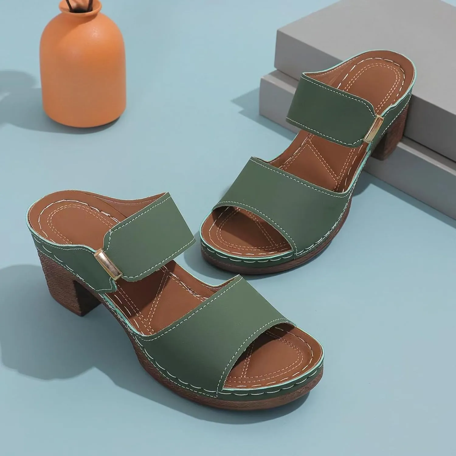 Chunky Heels for Women Casual Backless Open Toe Ankle Strap Heels Sandals Summer Comfortable Slip-on Slippers Wedding Party Shoes