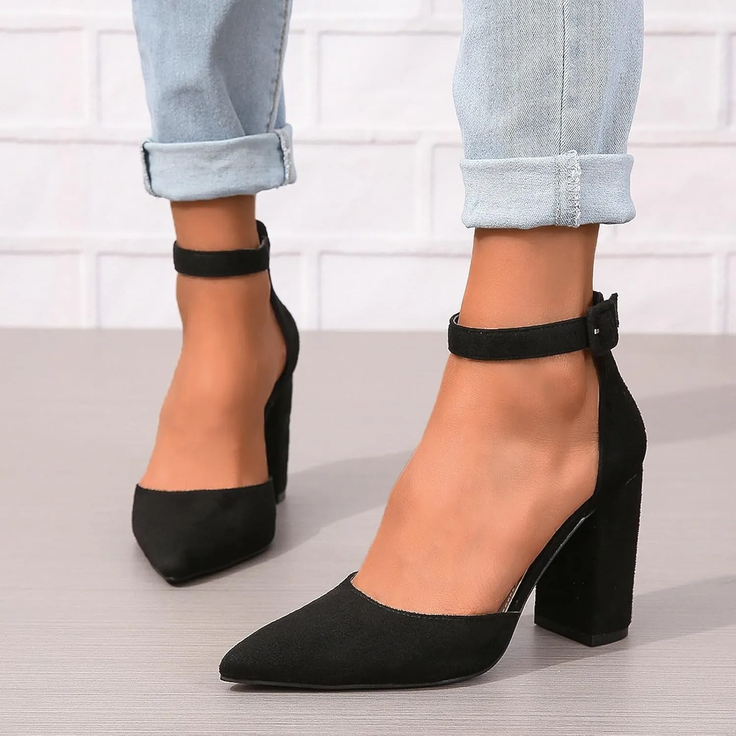 Chunky Heels for Women Closed Toe Block Wedding Pumps Shoes Bridal High Heel Buckle Dress Shoes Ankle Strap