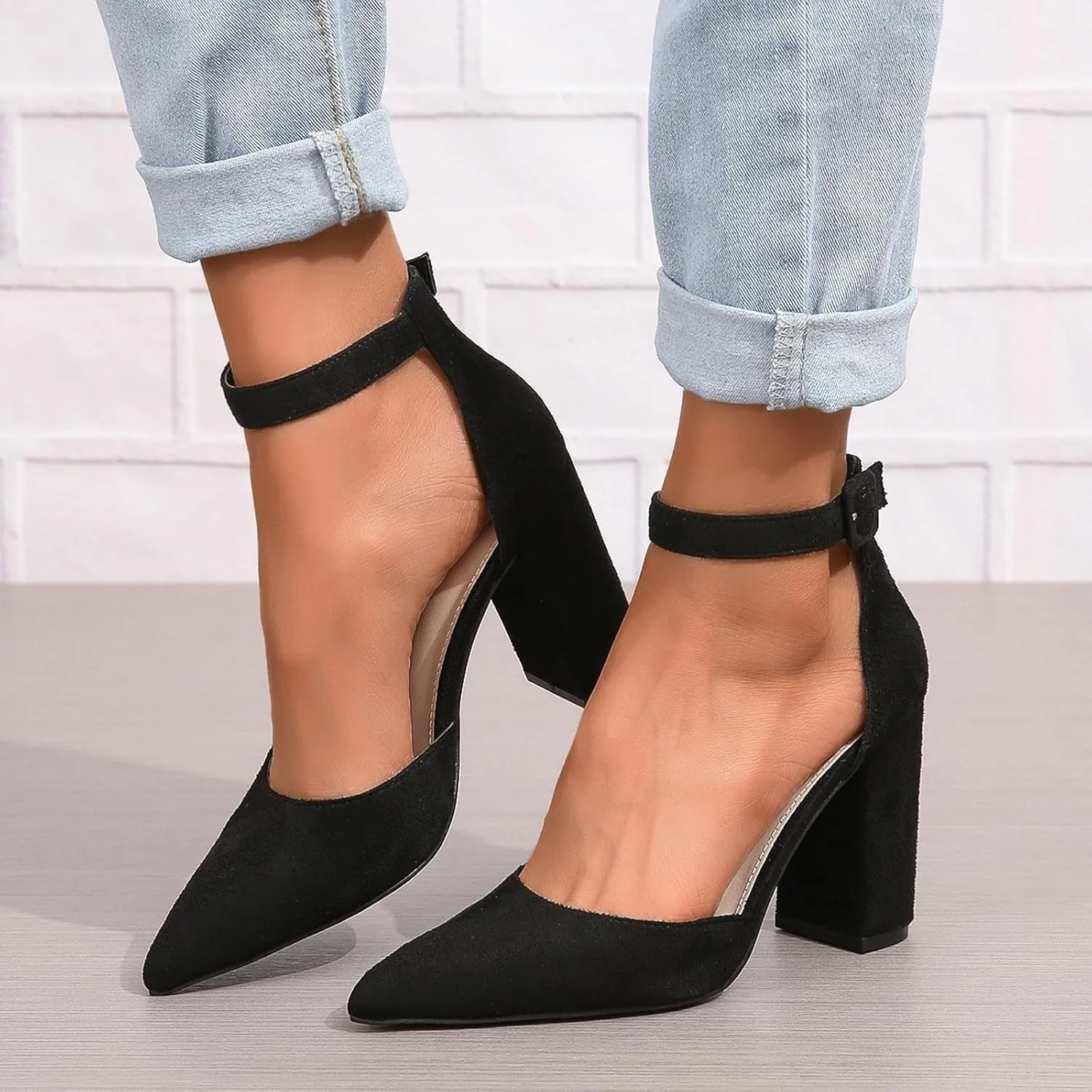 Chunky Heels for Women Closed Toe Block Wedding Pumps Shoes Bridal High Heel Buckle Dress Shoes Ankle Strap