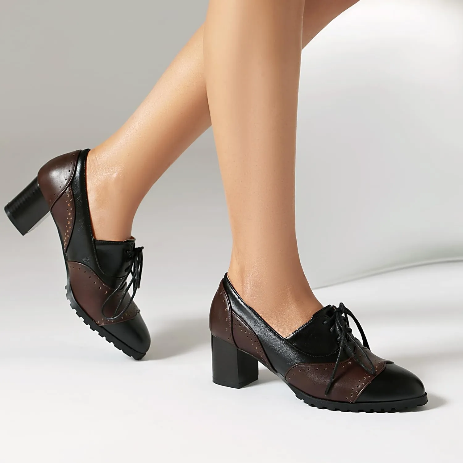 Classic Womens Lace Up Wingtip Pump Pointed Toe Block High Heels Oxfords
