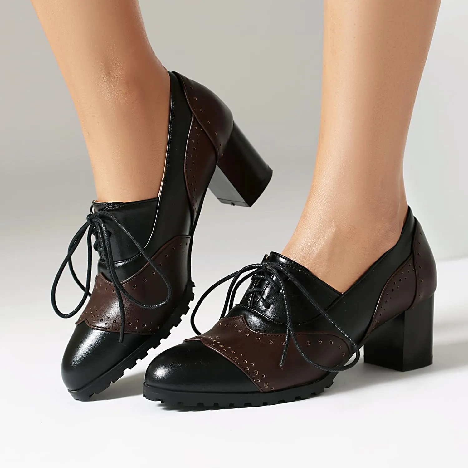Classic Womens Lace Up Wingtip Pump Pointed Toe Block High Heels Oxfords