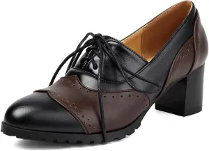Classic Womens Lace Up Wingtip Pump Pointed Toe Block High Heels Oxfords