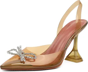 Clear Heels for Women, Rhinestone Bow Heels for Women, Pointed Toe Wedding Heels, Slingback High Heel Sandals