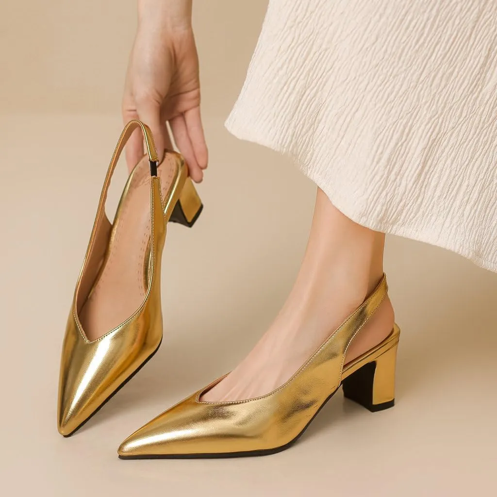 DINTAHA Pointed Toe Slingback Heels Block Low Heel Pumps Metallic Heels Wedding Party Shoes