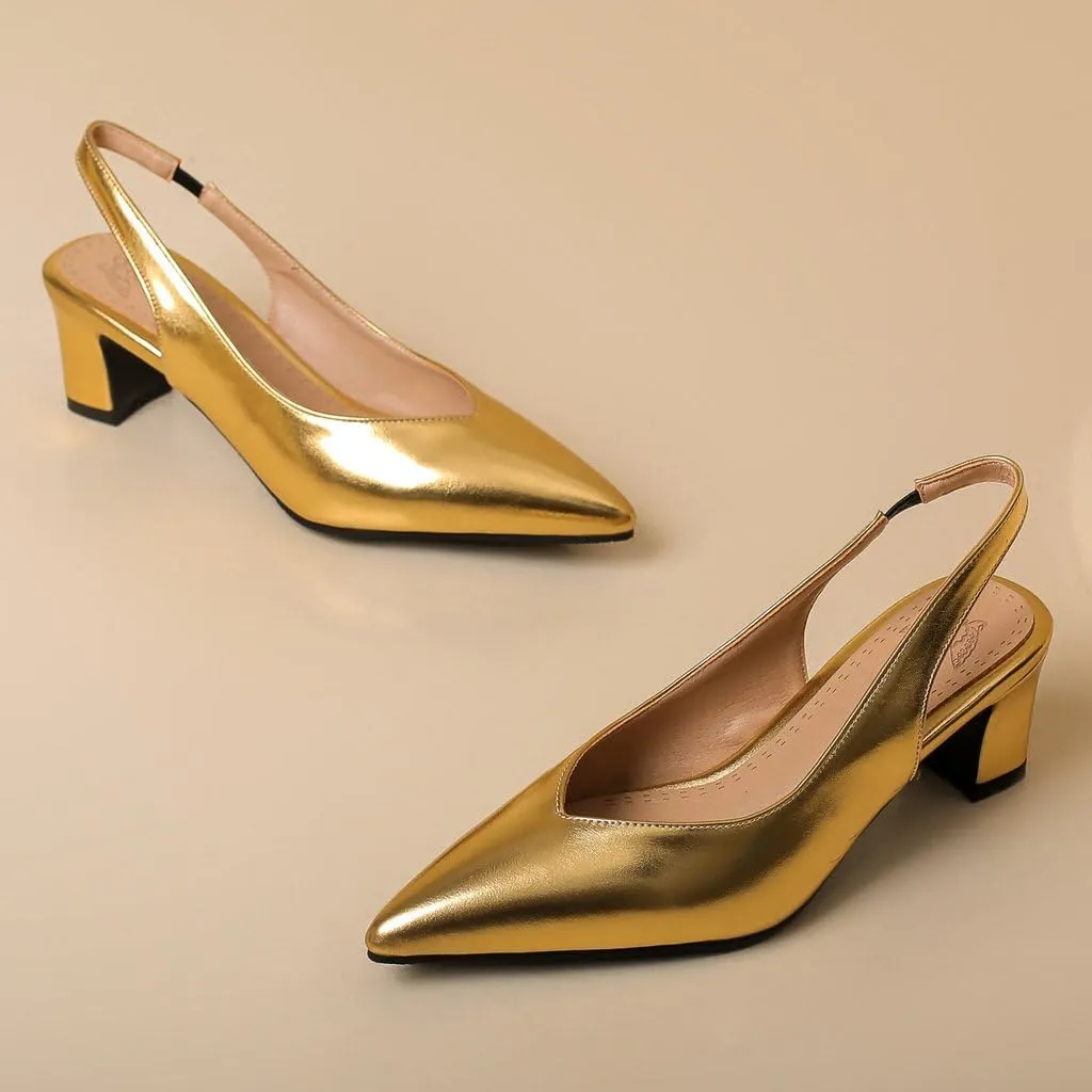 DINTAHA Pointed Toe Slingback Heels Block Low Heel Pumps Metallic Heels Wedding Party Shoes