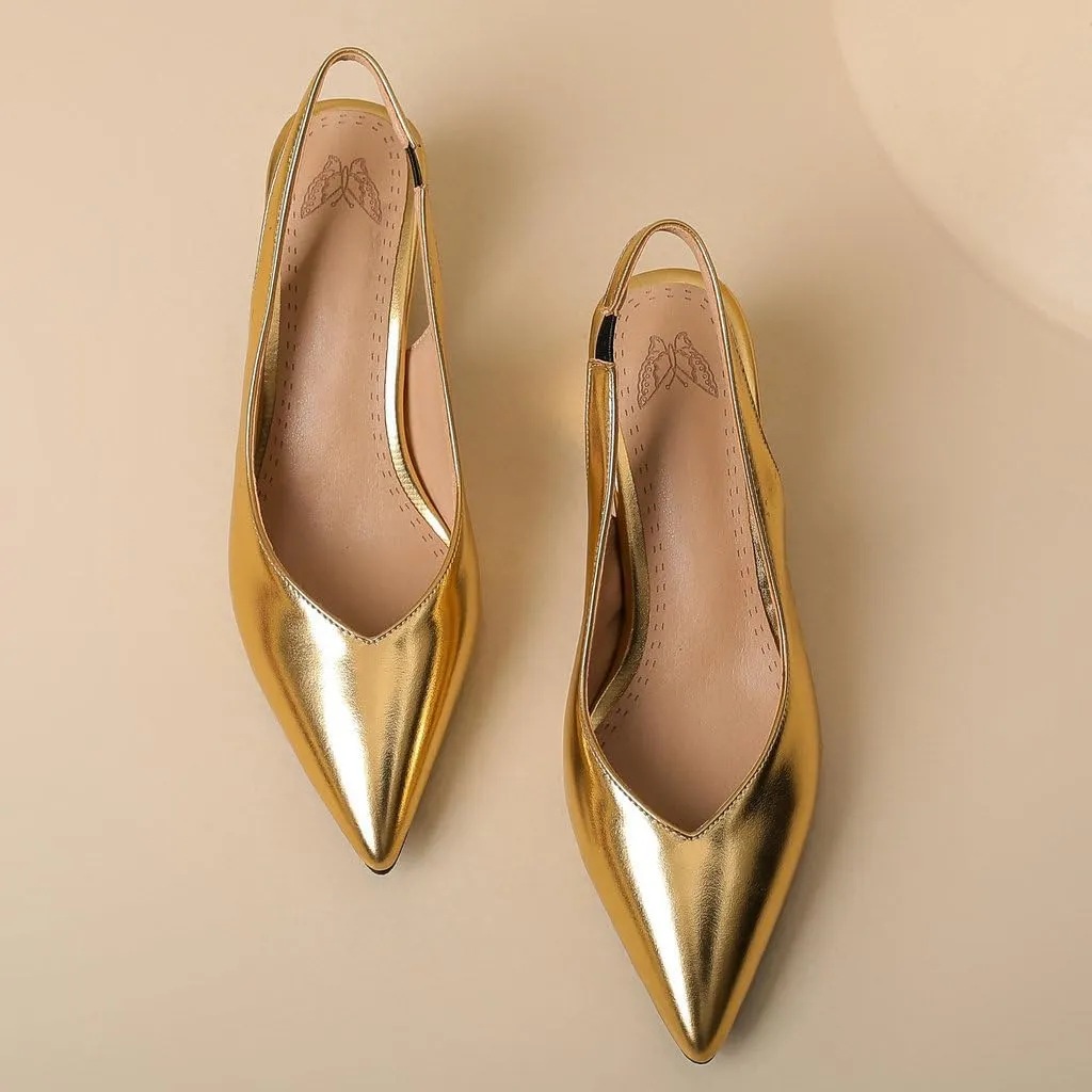 DINTAHA Pointed Toe Slingback Heels Block Low Heel Pumps Metallic Heels Wedding Party Shoes