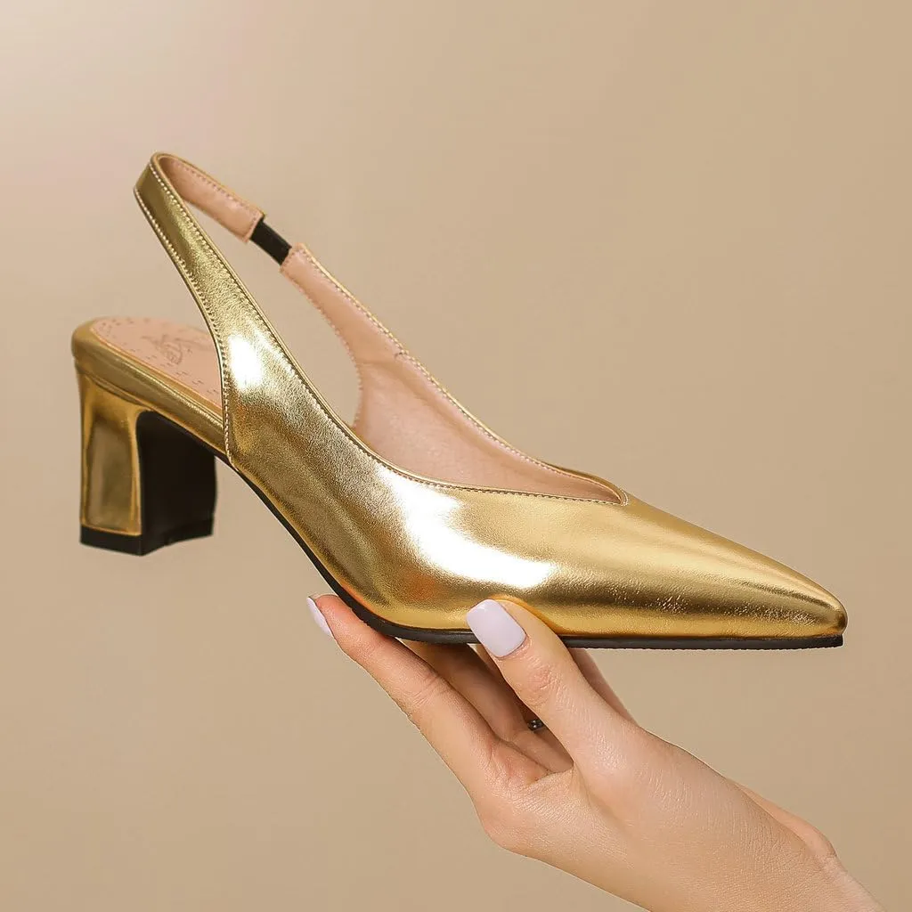 DINTAHA Pointed Toe Slingback Heels Block Low Heel Pumps Metallic Heels Wedding Party Shoes