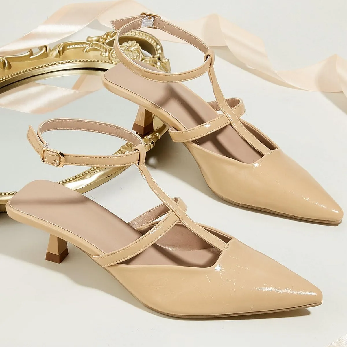 DINTAHA Pointed Toe Slingback Kitten Heels,T Strap Mary Janes for Women,Womens Low Heel Dress Shoes