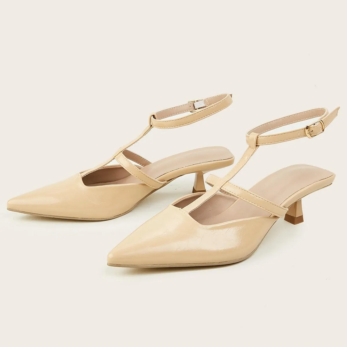 DINTAHA Pointed Toe Slingback Kitten Heels,T Strap Mary Janes for Women,Womens Low Heel Dress Shoes