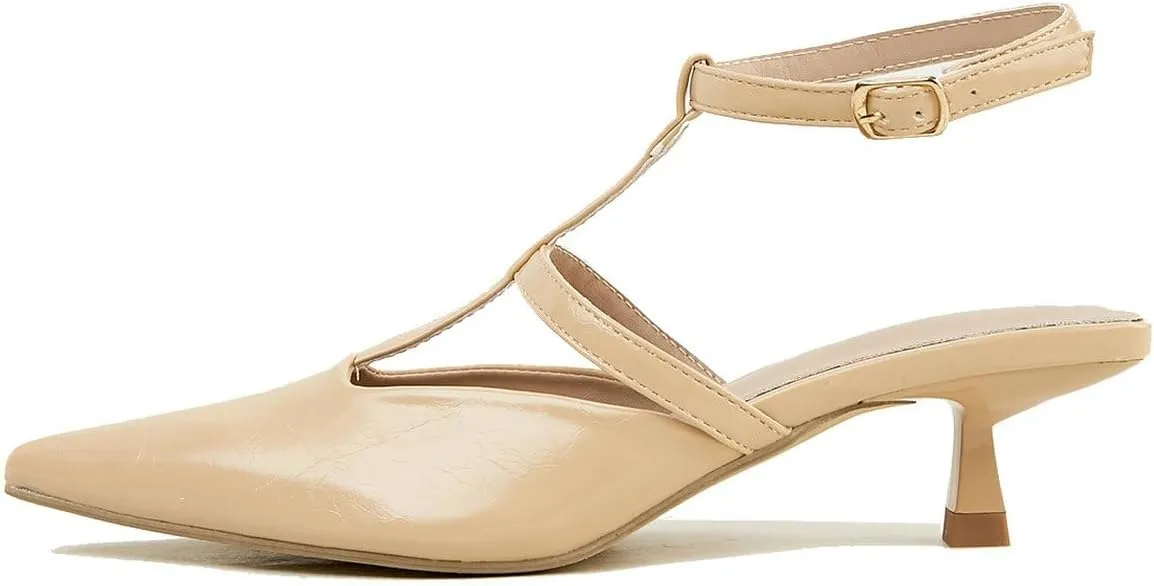 DINTAHA Pointed Toe Slingback Kitten Heels,T Strap Mary Janes for Women,Womens Low Heel Dress Shoes