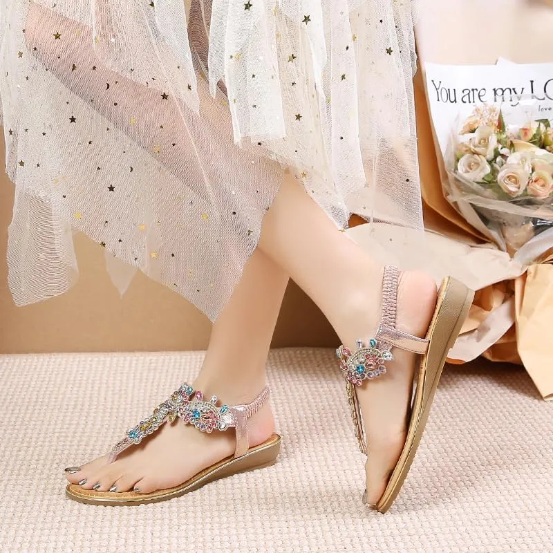 Duo Mei Zu Women Comfort Wedge Strappy Sandals with Slope Comfort Wedge，Shoes Flower Pattern Rhinestone Slope Heel Rubber Outsole Sandals