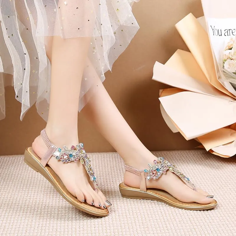 Duo Mei Zu Women Comfort Wedge Strappy Sandals with Slope Comfort Wedge，Shoes Flower Pattern Rhinestone Slope Heel Rubber Outsole Sandals